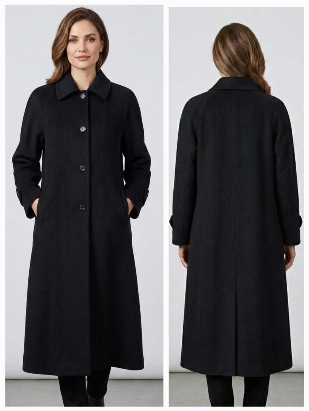 Katherine Kelly 100% Cashmere Long Black Maxi Coat Size 12 Mob Wife Quiet Luxury
